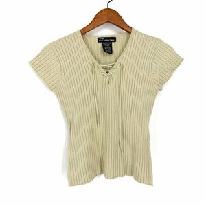 🔥Y2K No Boundaries Cream Tan Ribbed Lace-Up Short Sleeve Fitted Ribbed Top XS-M